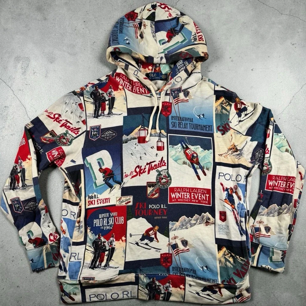 Polo Ralph Lauren Ski Patchwork Fleece Hoodie Men M $298 Ski Graphics